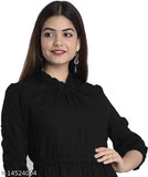 Fashionable, trendy black solid flared highneck dress for women