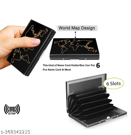 World Map Black Metal 6 Slot RFID Blocking Wallet, durable and slim design for men & women travel or commute