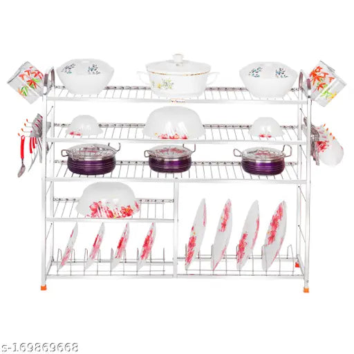 Stainless steel wall-mount kitchen utensils rack. Includes plate and cutlery storage with three shelves and two plates on lower shelf