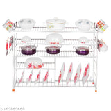 Stainless steel wall-mount kitchen utensils rack. Includes plate and cutlery storage with three shelves and two plates on lower shelf