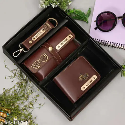 Brown synthetic customized men's combo wallet with hook keychain, sunglass case cover, and box. Personalize with your name and charm design