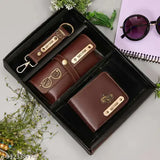 Brown synthetic customized men's combo wallet with hook keychain, sunglass case cover, and box. Personalize with your name and charm design