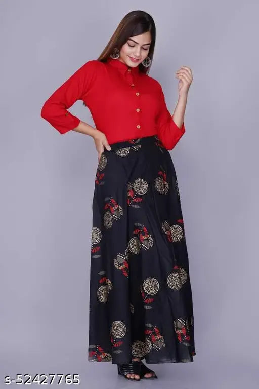 Trendy solid top with printed net skirt for women, three-quarter sleeves, party wear, quality Indian craftsmanship