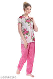 Flower print satin night suit for women, comfortable and soft sleepwear set with open collar shirt and pyjama (India)