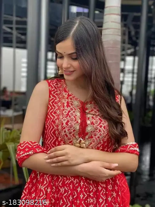 Red anarkali kurta set with dupatta for women, embroidered print