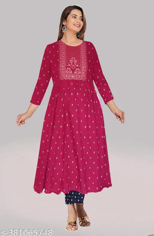 Brown Rayon Kurti with damask print, three-quarter sleeves - women's fashion, Indian origin