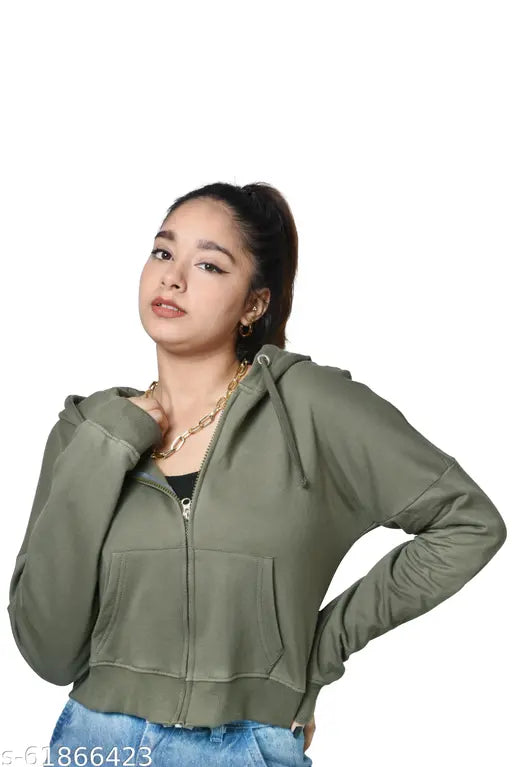 Olive cotton zipper crop jacket with hoodie, drop shoulder design, casual wear