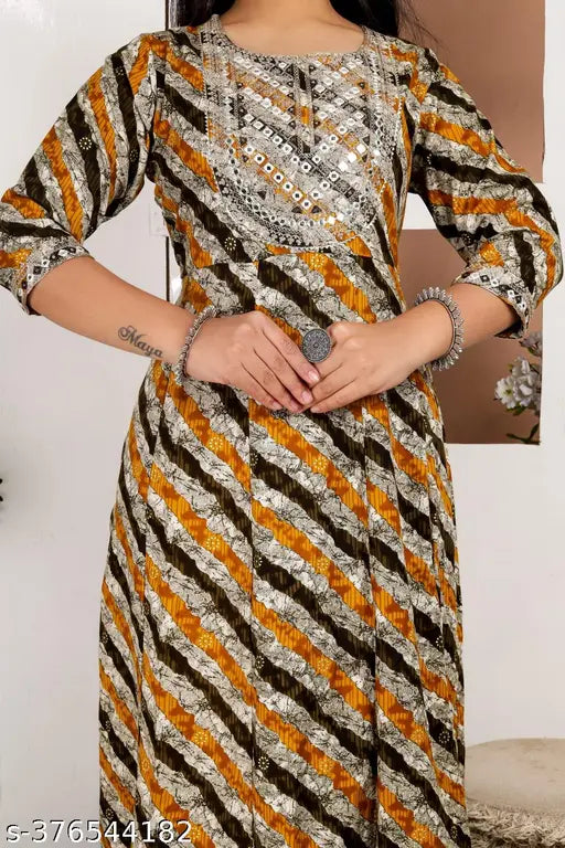 Orange and gold foil print long-sleeved anarkali kameez with matching dupatta