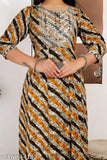Orange and gold foil print long-sleeved anarkali kameez with matching dupatta