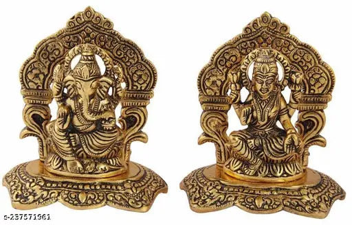 Metal Laxmi Ganesh set, traditional Hindu idols for temple puja, home decor, gifting, and worship (12cm x 14.5cm x 14.5cm, 360g)