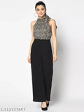 Blue printed jumpsuit, sleeveless, trendy design by Raj Design Expo, halter neck, polyester fabric, size N XS (34in bust, 56in length, 27in waist)
