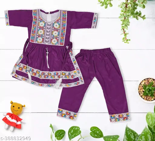 Purple Rayon Naira Kurti Set for Girls, versatile party wear or casual occasion, available in various sizes from 9 months to 3 years. Made in India