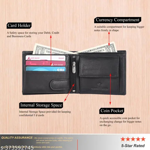 Genuine leather, black formal RFID wallet (13 card slots) with key ring combo, compact yet spacious design for men's essentials. Made in India