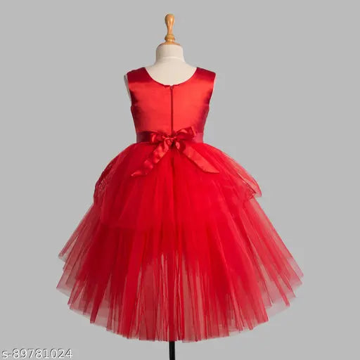 Red net sleeveless high-low party dress with embellished balloon motif for girls aged 2-3 years, Indian origin