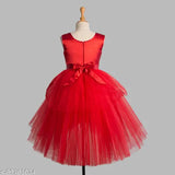 Red net sleeveless high-low party dress with embellished balloon motif for girls aged 2-3 years, Indian origin