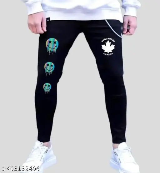Black denim Smily design men's jeans, placement print fashion