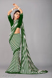 Green and white geometric patterned Georgette saree with matching pallu