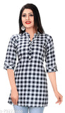Checked cotton-blend three-quarter sleeve top for women, India origin