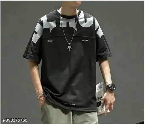 Loose cotton double-breasted men's T-shirt with five sleeves, popular logo print - ideal for summer athletic wear