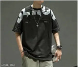Loose cotton double-breasted men's T-shirt with five sleeves, popular logo print - ideal for summer athletic wear