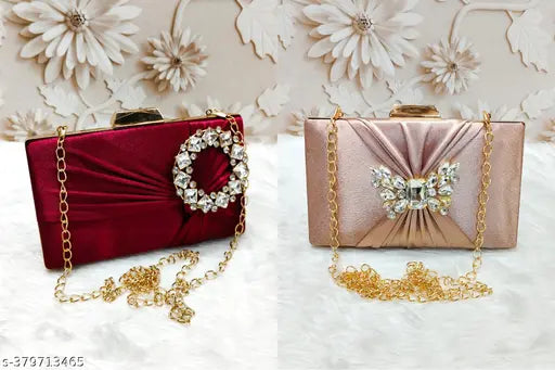 Purple satin clutch purse with ruffled detail, metal hardware