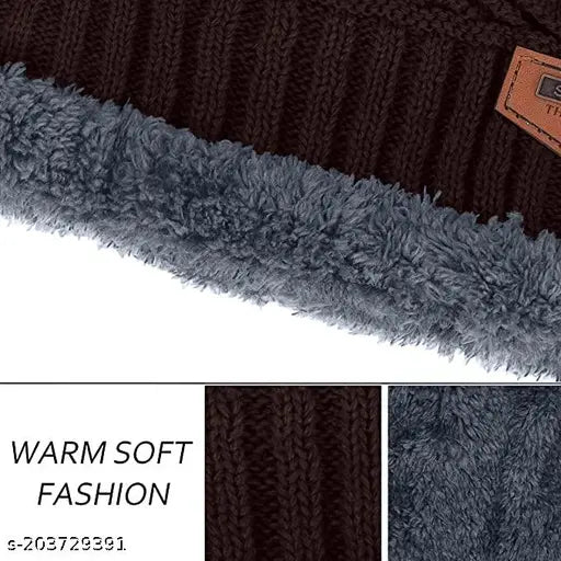 Black thick fleece winter hat, scarf, set, woolen, faux fur lining, muffler, all genders