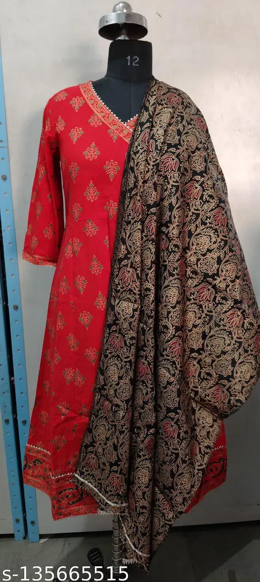 Red and black patterned rayon anarkali kurta with dupatta set