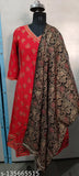 Red and black patterned rayon anarkali kurta with dupatta set