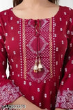 Burgundy rayon kameez with dupatta and bottoms, embellished with detailed embroidery