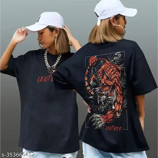 Black, oversized round neck half sleeve printed T-shirt for women