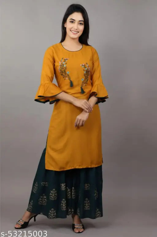 Ethnic rayon embroidered kurta set with sharara, featuring paisley design details