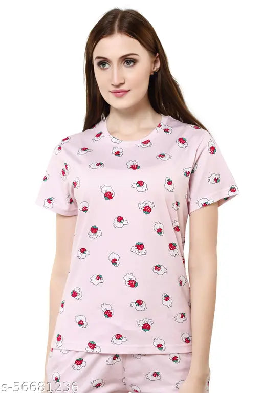 Pink mocha printed cotton shorts set for women, ideal for nightwear