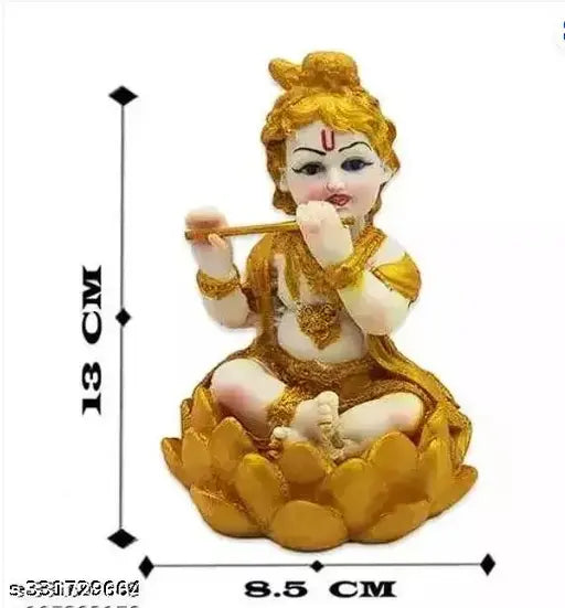 Handmade poly resin Krishna idol playing Murli, sitting on lotus and laddoo. Decorative home décor or car dashboard showpiece, 13 CM
