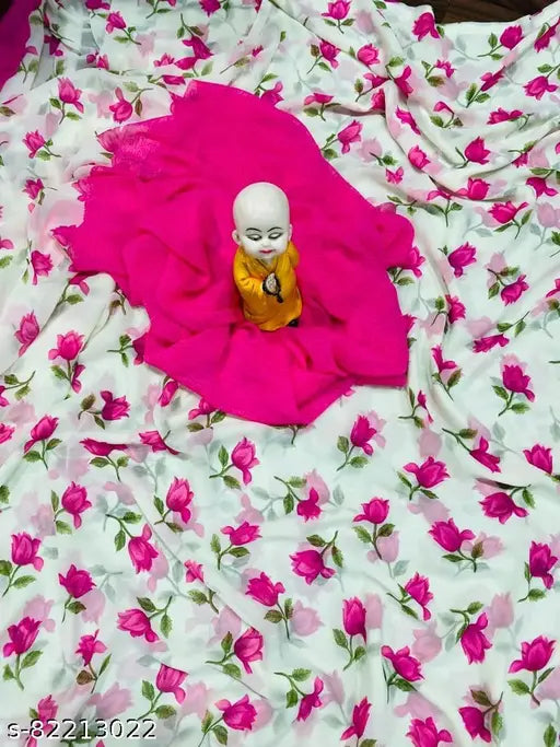 Pink fabric with Buddha, possibly printed daily wear saree