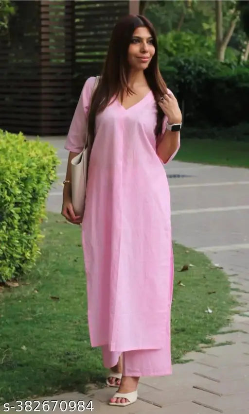 Ayera Women cotton katha kurta sets in baby pink, 3/4 sleeve, round neck, A-line, suitable for festive & party occasions