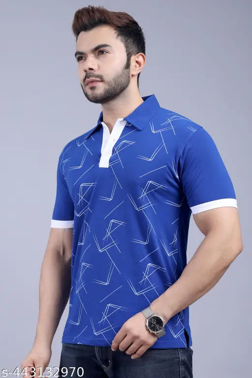 Mens printed cotton polo t-shirt, short sleeves, vibrant design on display