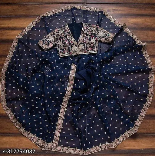 Embroidered blue saree with blouse, designed for women's wear, suitable for daily wear or weddings