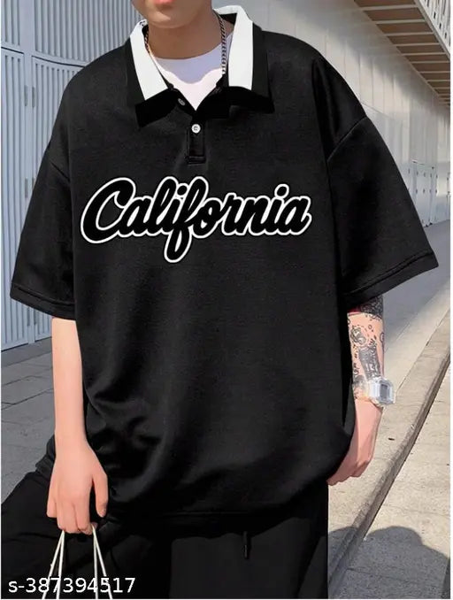 Supima cotton loose fit men's polo shirt with contrast collar, drop shoulder design & letter graphics. Quick-drying, moisture-wicking fabric perfect for running, workouts, sports, or as an undershirt. Made in India