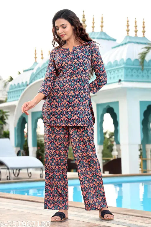 Viscose rayon printed pyjamas with three-quarter sleeves, India-made sleepwear on hanger