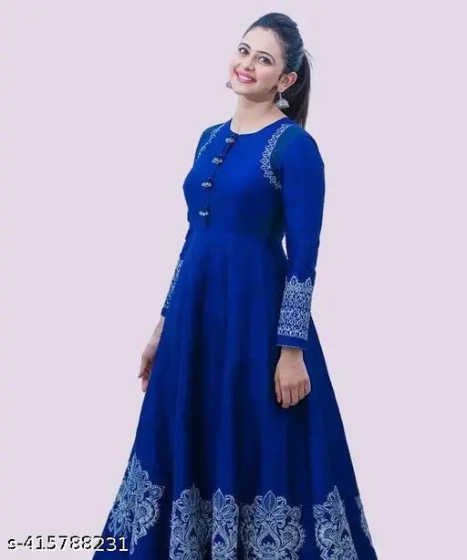 Royal blue rayon anarkali kurti with Rakul printed combo, three-quarter sleeves