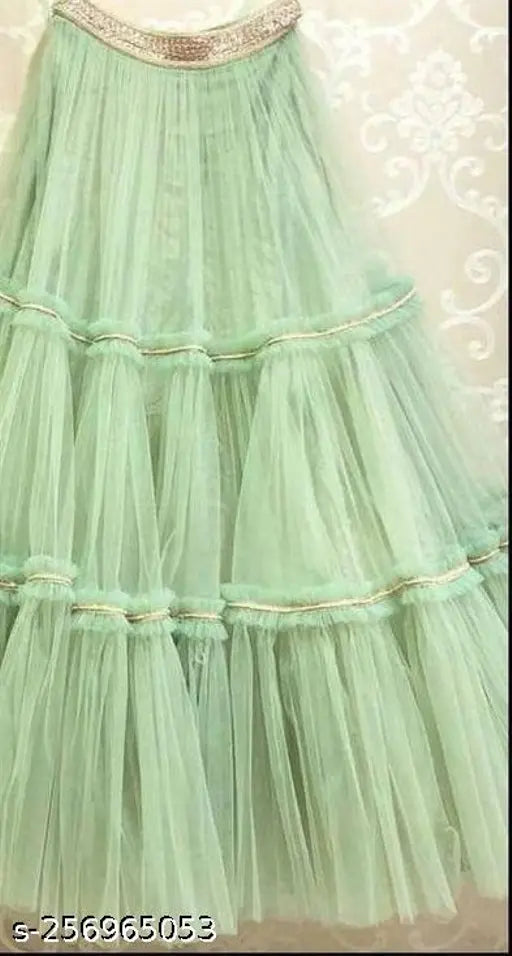 Light green semi-stitched net lehenga choli with lace work and ruffle dupatta, ultra satin blouse for parties or functions