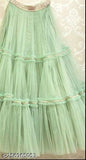 Light green semi-stitched net lehenga choli with lace work and ruffle dupatta, ultra satin blouse for parties or functions