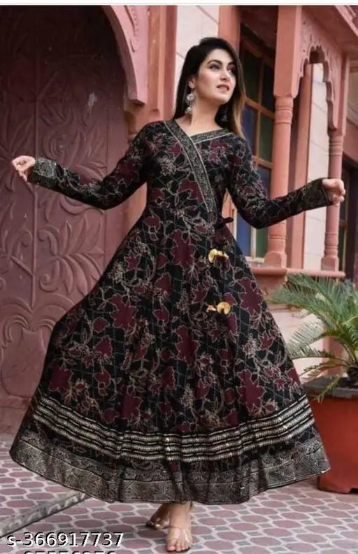 V-neck printed Anarkali kameez for women, black fabric, long sleeves