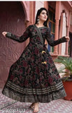 V-neck printed Anarkali kameez for women, black fabric, long sleeves