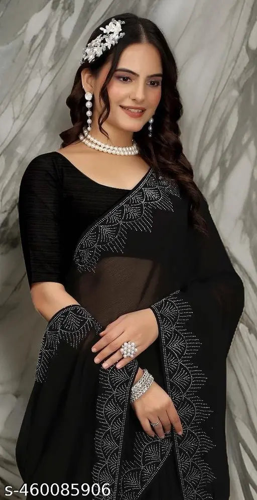 Black georgette party wear saree with diamond cutwork border, ideal for weddings and daily use