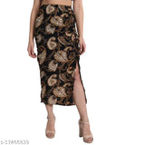 Black crepe printed net one-side ruched skirt with slit and zip, India origin, size 28 (waist 26in, length 34in)