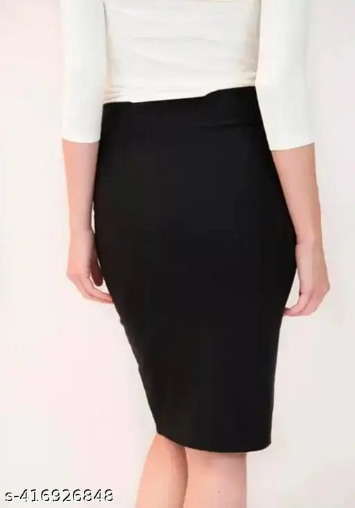 Black pencil skirt in a women's size, solid fabric, knee length