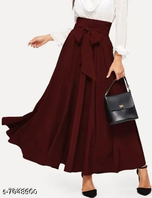 Maroon satin midi skirt with a high waist and long hem