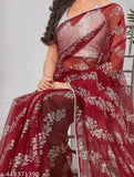Embroidered net daily wear saree in brocade blouse, trending chiffon style for Diwali, Party Wear