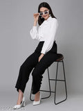 Solid white polyester smart casual top, long sleeve, chic tie-up V-neckline, bishop sleeves, country of origin: India